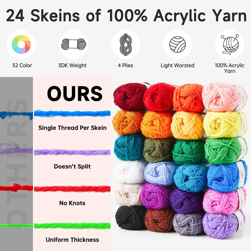 INSCRAFT Crochet Kit for Beginners Adults - Great Knitting Starter Kit for Colorful Craft for Professionals, Make Amigurumi Projects Includes 24 Colors Yarn, Hooks, Instructions, a Durable Bag