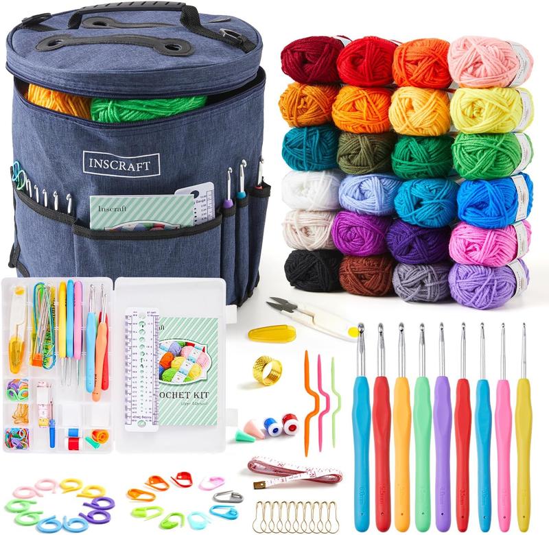 INSCRAFT Crochet Kit for Beginners Adults - Great Knitting Starter Kit for Colorful Craft for Professionals, Make Amigurumi Projects Includes 24 Colors Yarn, Hooks, Instructions, a Durable Bag