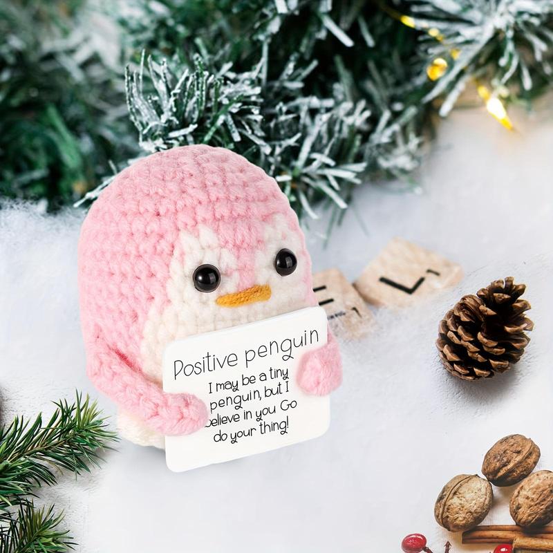 Cartoon Penguin Ornament, 1 Count Cute Positive Penguin Crochet Plushie Decor with Positive Card Design, Home Decor, Gift for Friends