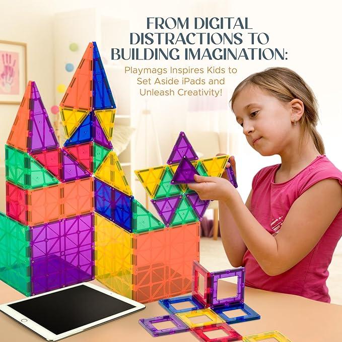 80pcs Magnetic Tiles Kids Toys - STEM Learning Building Blocks, Montessori Magnet Tile Construction Set, 4D Diamond Cut Design