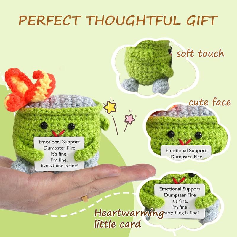 Emotional Support Crochet Dumpster Fire with Positive Card Cute Room Decor Knitted Toys Funny Crochet Support Buddies Gifts for Friends (Light Green)