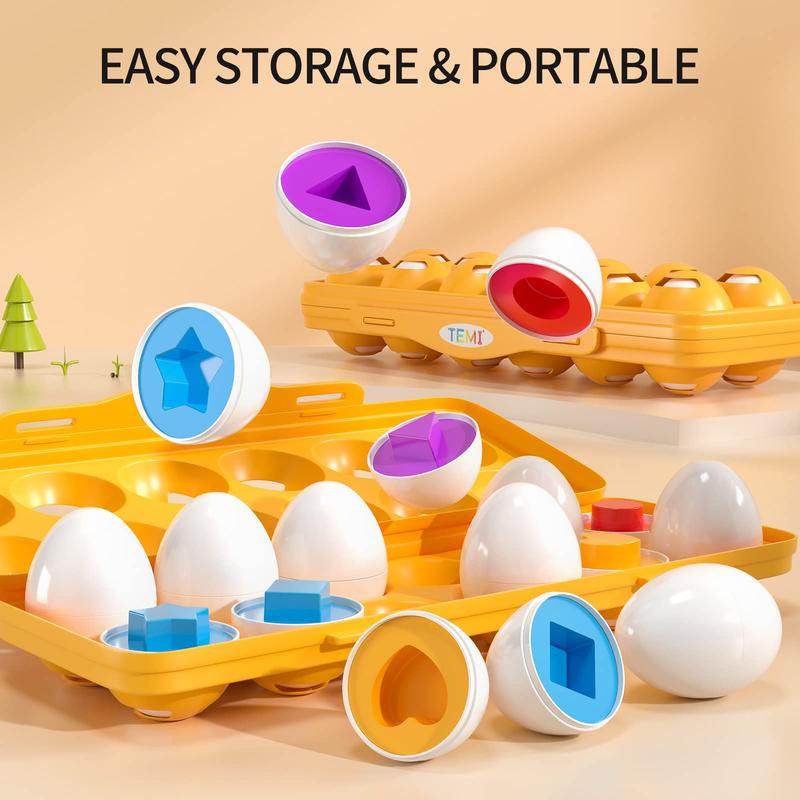 Sensory Montessori Toys Gifts -12 Toy Eggs with Eggs Holder, Color Matching Eggs Shape Sorter for