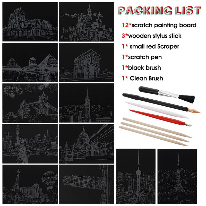 12 Sheets Scratch Painting Rainbow Paper, Sketch Pads DIY Art Craft City Series Night View Scratchboard for Adults and Kids, Craft Art Kits with 6 Tools-7.8 X 5.5 Inches(Style A)