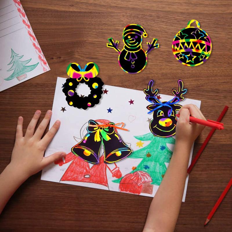 48 Pcs Christmas Scratch Art Paper, Crafts Kits Magic Rainbow Scratch Cards for Xmas Tree Ornaments and Kids Birthday Decoration