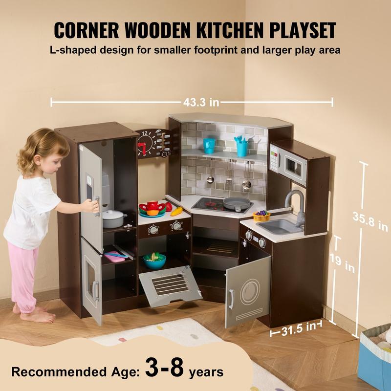 VEVOR Kitchen Playset Kids Pretend Cooking Play Toy 24 Piece Accessories Brown