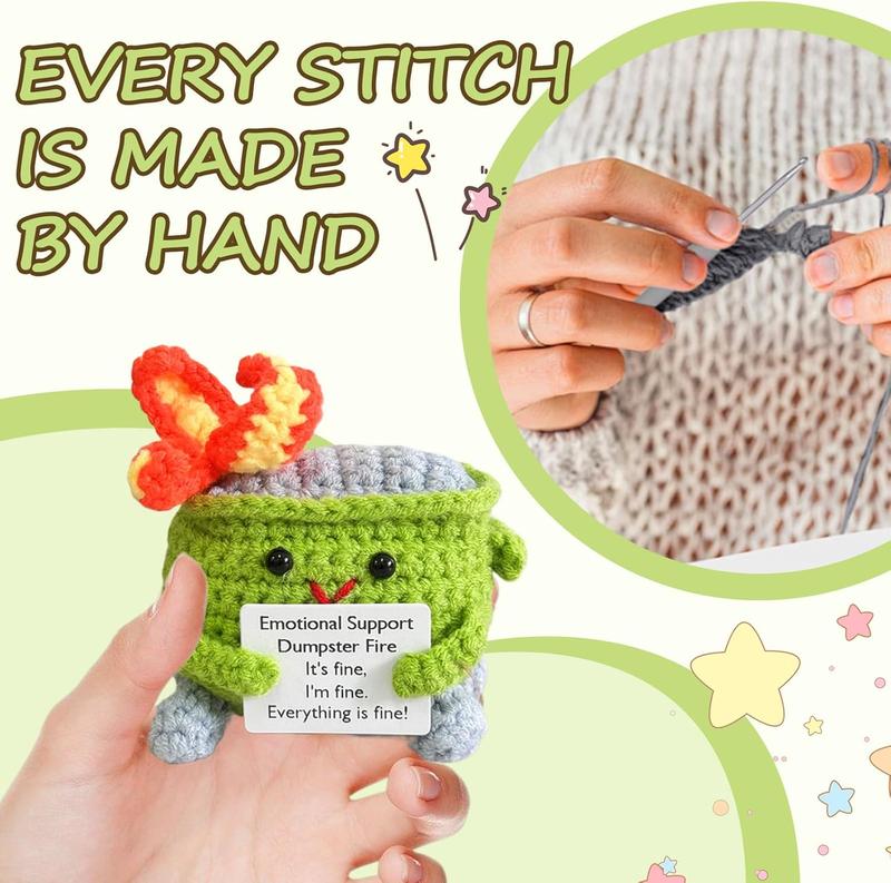 Emotional Support Crochet Dumpster Fire with Positive Card Cute Room Decor Knitted Toys Funny Crochet Support Buddies Gifts for Friends (Light Green)