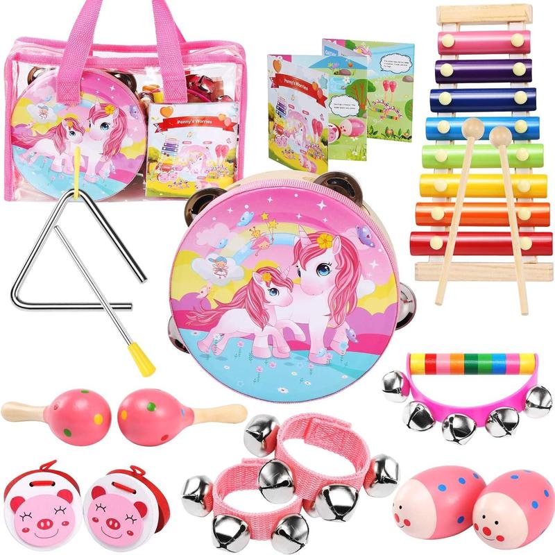 Unicorn Pattern Musical Toy with Clear Storage Bag Set, 14pcs set Funny Musical Instruments, Early Education Toy for Kids