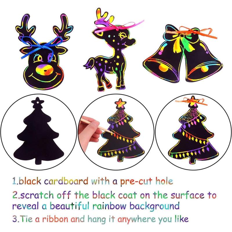 48 Pcs Christmas Scratch Art Paper, Crafts Kits Magic Rainbow Scratch Cards for Xmas Tree Ornaments and Kids Birthday Decoration