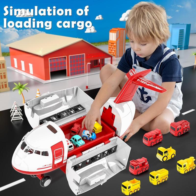 Red Transport Cargo Airplane Toys, Airplane Car Toy Play Set includes Track, 12mini Play Vehicles, with Music and Light, Christmas gifts, birthday gifts