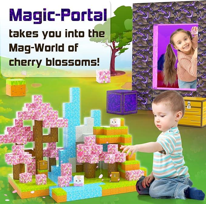 Magnetic Blocks-100pcs-Build Mine Magnet World Cherry Blossom Set, Magnetic Tiles Building STEM Toys for Boys & Girl Kids Toddler Toys for 3+ Years Old, Christmas Gifts