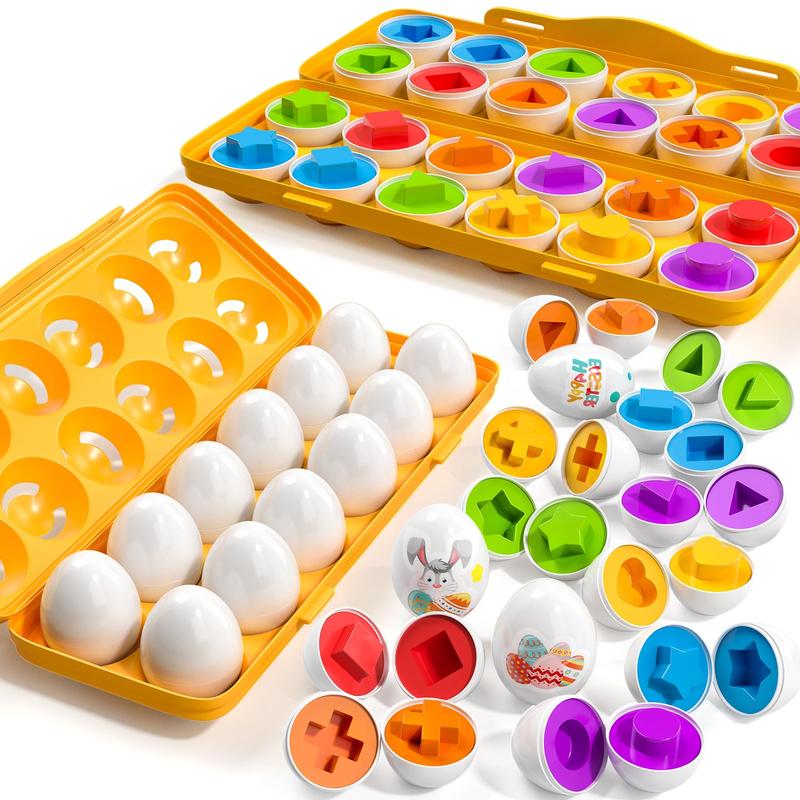 Sensory Montessori Toys Gifts -12 Toy Eggs with Eggs Holder, Color Matching Eggs Shape Sorter for