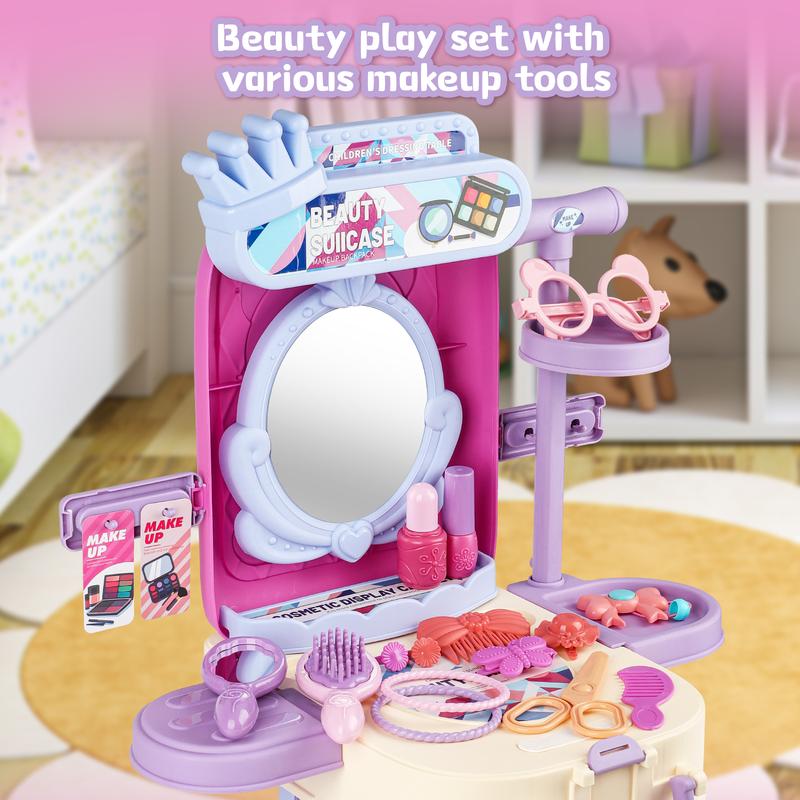 deAO 2 in 1 Makeup Table Vanity & Suitcase Set with Fashion Makeup Accessories Pretend Play Travel Suitcase Fashion Set Christmas gift