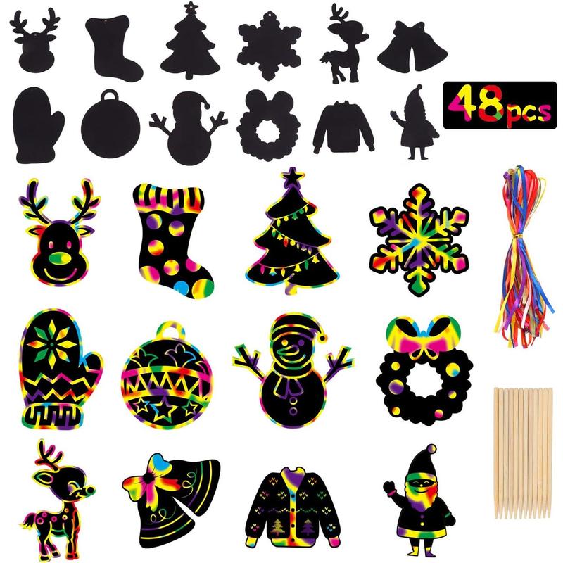 48 Pcs Christmas Scratch Art Paper, Crafts Kits Magic Rainbow Scratch Cards for Xmas Tree Ornaments and Kids Birthday Decoration