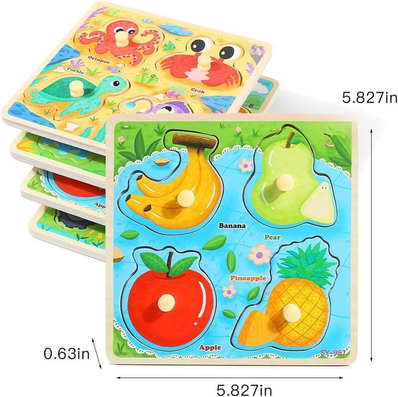 INNNIE Wooden Toddler Puzzles, 1 2 3 Years Old Learning Montessori Peg Puzzle Toy Set for Toddlers, 4 count Educational Portable Size Travel Knob Puzzle Toys, Gift for 1-3 Boy Girl Birthday Christmas