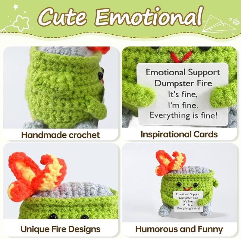 Emotional Support Crochet Dumpster Fire with Positive Card Cute Room Decor Knitted Toys Funny Crochet Support Buddies Gifts for Friends (Light Green)