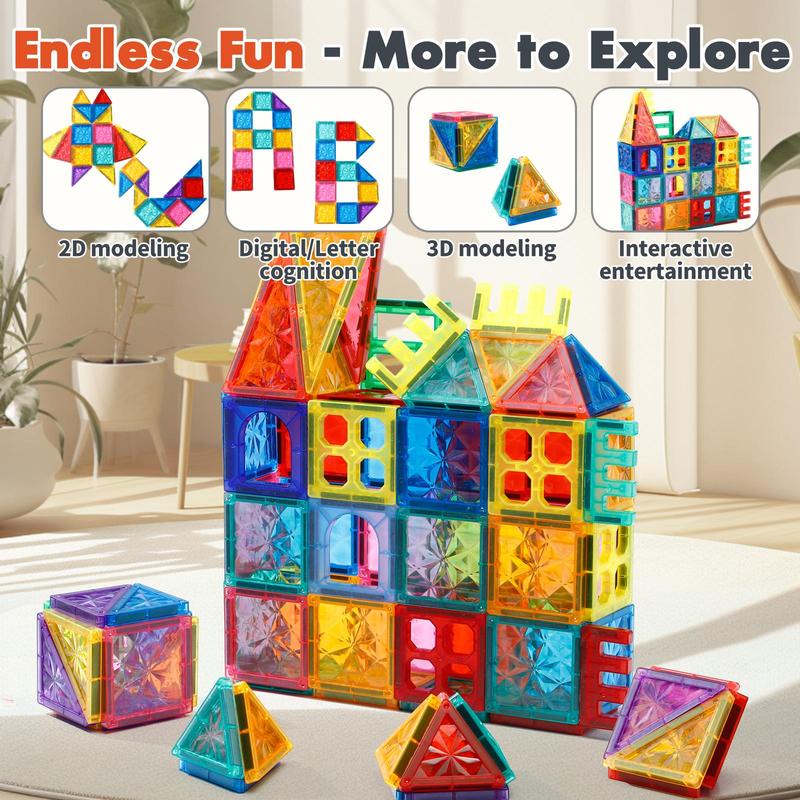 80pcs Magnetic Tiles Kids Toys - STEM Learning Building Blocks, Montessori Magnet Tile Construction Set, 4D Diamond Cut Design