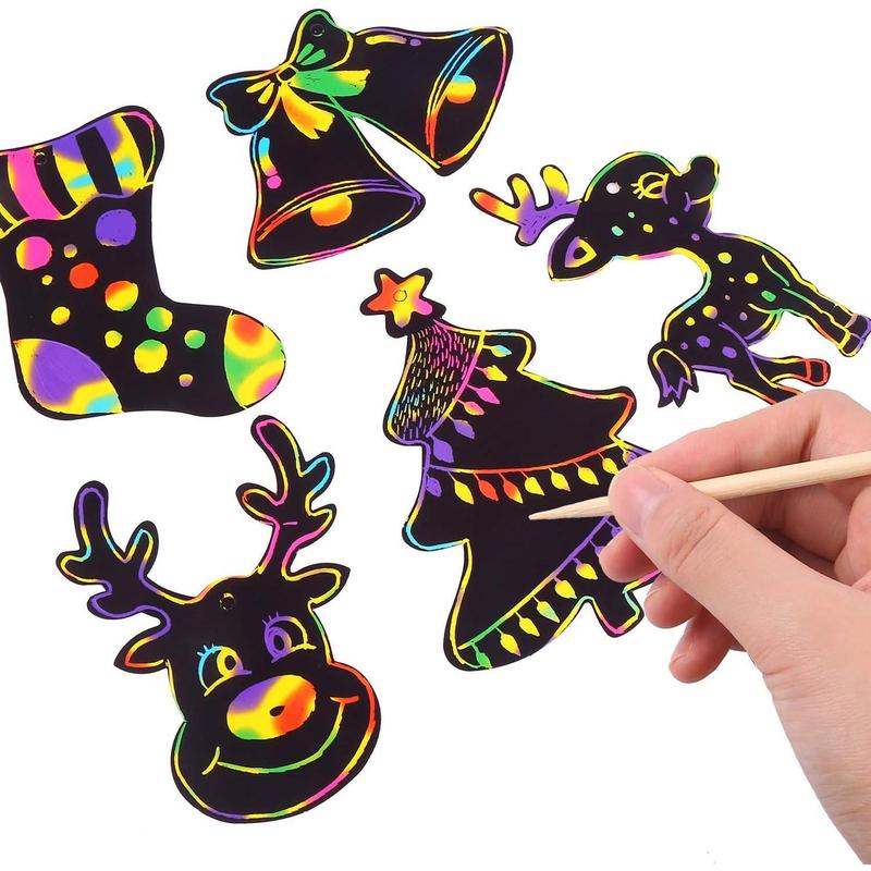 48 Pcs Christmas Scratch Art Paper, Crafts Kits Magic Rainbow Scratch Cards for Xmas Tree Ornaments and Kids Birthday Decoration