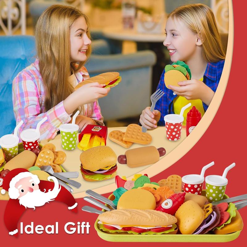 Chrismas Fast Food Play Food Toys for Kids Toddler Children Toy Kitchen Accessories Playset Plastic Toy Food Sets Pretend Play Gifts for 3 4 5+ Years Old