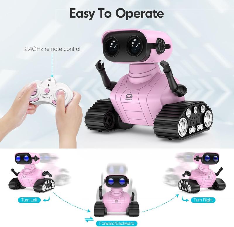 Girls Robot Toy, Rechargeable RC Robot for Kids, Remote Control Toy with Music and LED Eyes, Gift for Children Age 3 Years and Up - Pink