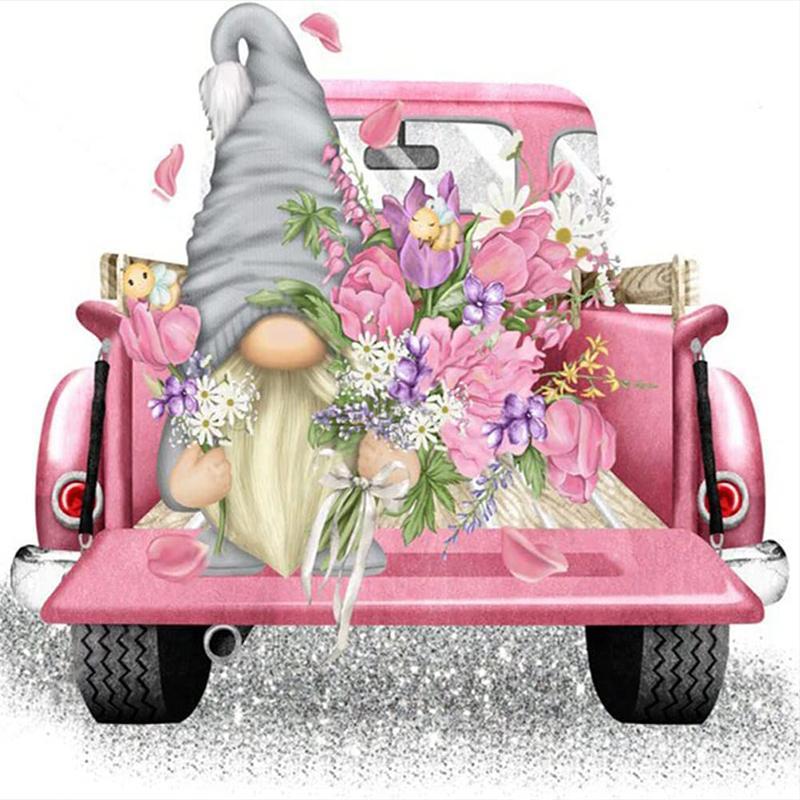 Creative DIY Gnome Doll Car Flower Pattern Artificial Diamond Unframed Painting, 1 Set Cute Artificial Diamond Art Kit, Spring Home Decor Artificial Diamond Art for Adults & Kids