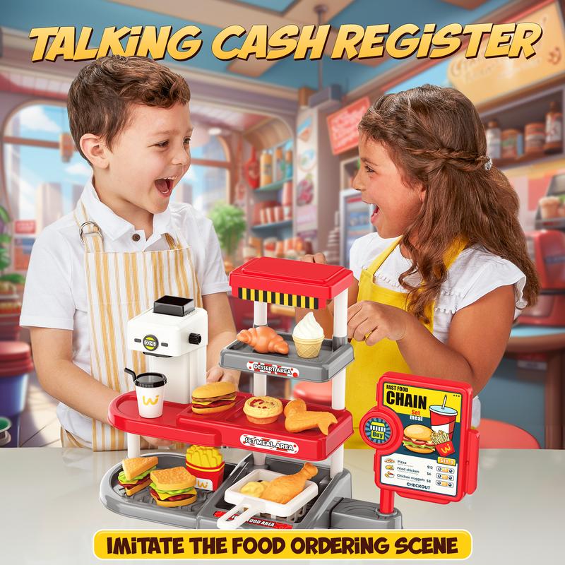 Cash Register Toy for Children, Toy Kitchen Pretend Play Store with Play Money, Sound and Credit Card,  Kitchen Play Set, Fun Toy for Ages 4+