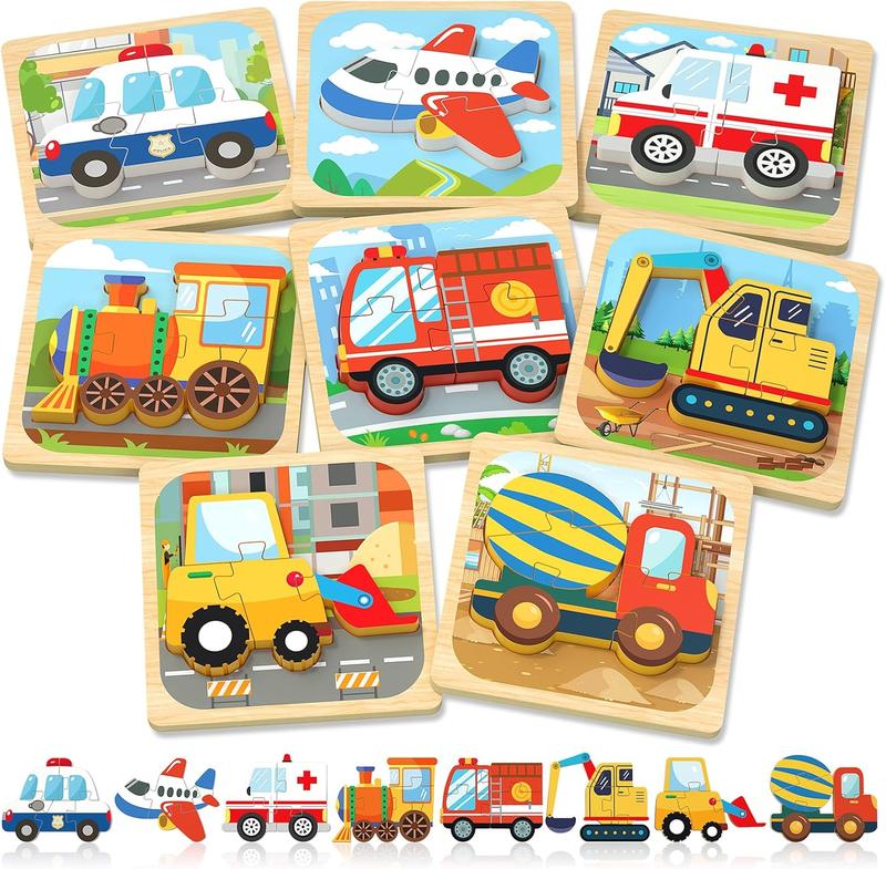 Wooden Toddler Puzzles, Montessori Toys for 1 2 3 Year Old Boys, Toys for 1 2 3 Year Old Boy Birthday Gifts, 8 Pack Vehicle Toddler Toys, Learning Educational Toys