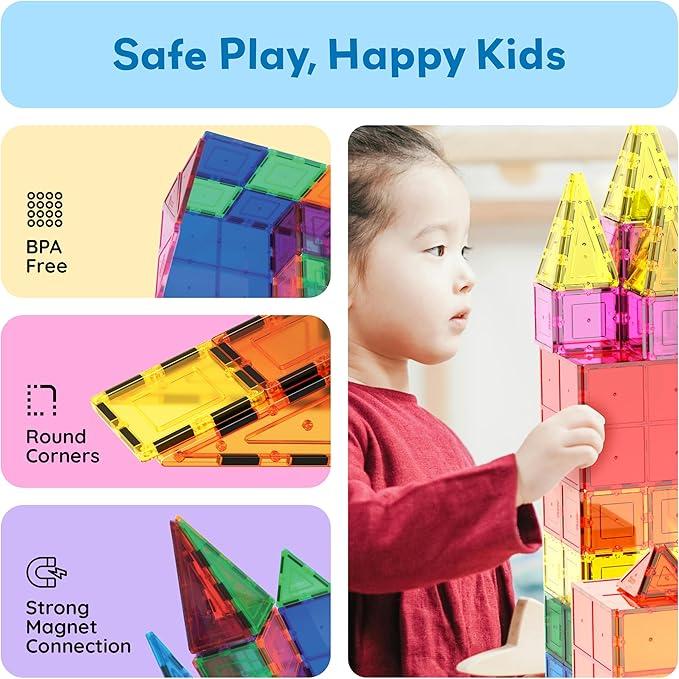 Magnetic Tiles 60pcs Kids Toys Classroom Sensory Toy for Toddlers STEM Learning Building Blocks, Montessori Pretend Play Magnet Tile Construction Stacking Block Boys Girls Ages 3+ for Gift