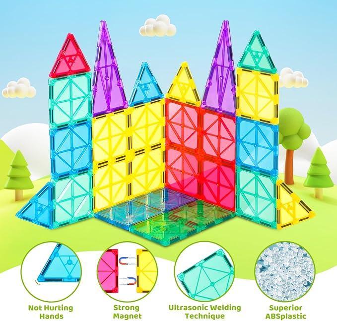 80pcs Magnetic Tiles Kids Toys - STEM Learning Building Blocks, Montessori Magnet Tile Construction Set, 4D Diamond Cut Design