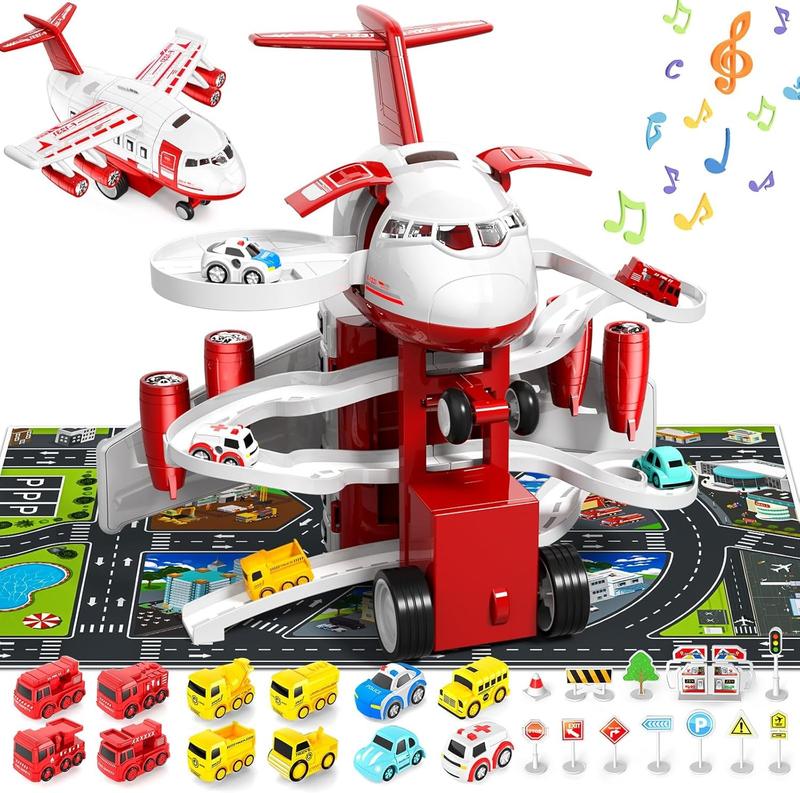 Red Transport Cargo Airplane Toys, Airplane Car Toy Play Set includes Track, 12mini Play Vehicles, with Music and Light, Christmas gifts, birthday gifts