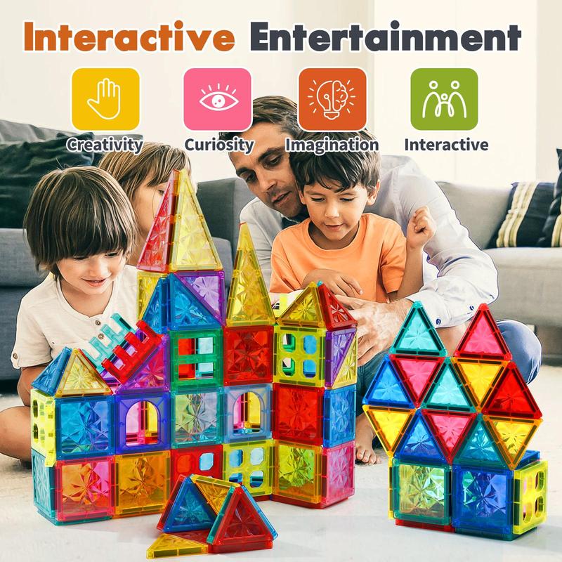 80pcs Magnetic Tiles Kids Toys - STEM Learning Building Blocks, Montessori Magnet Tile Construction Set, 4D Diamond Cut Design