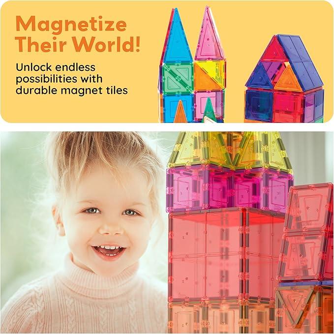 Magnetic Tiles 60pcs Kids Toys Classroom Sensory Toy for Toddlers STEM Learning Building Blocks, Montessori Pretend Play Magnet Tile Construction Stacking Block Boys Girls Ages 3+ for Gift