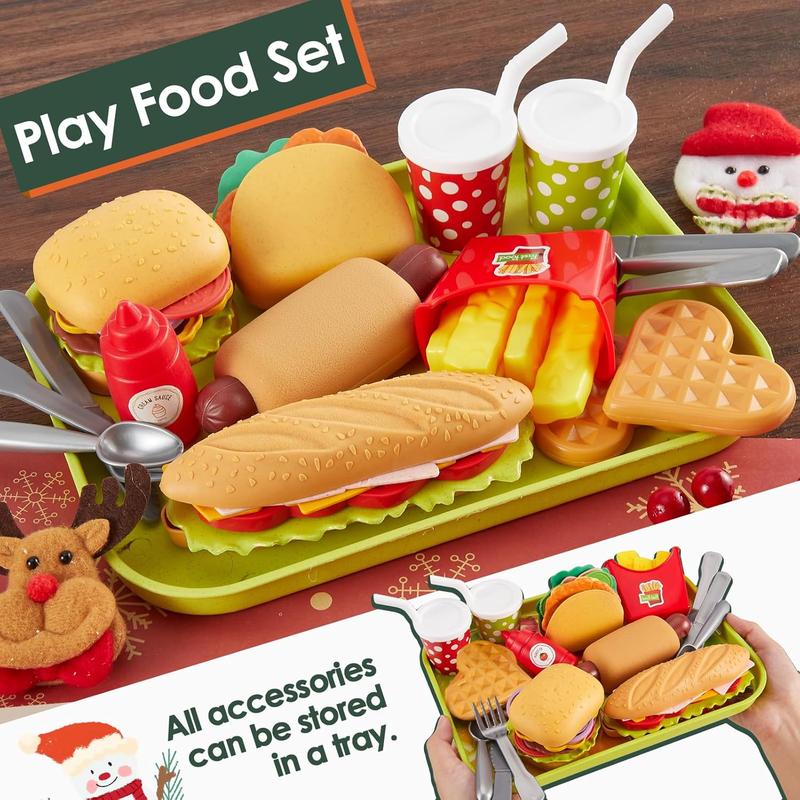 Chrismas Fast Food Play Food Toys for Kids Toddler Children Toy Kitchen Accessories Playset Plastic Toy Food Sets Pretend Play Gifts for 3 4 5+ Years Old