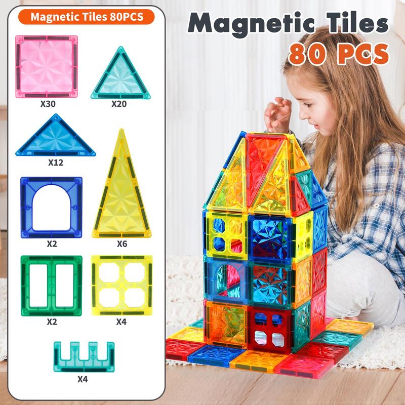 80pcs Magnetic Tiles Kids Toys - STEM Learning Building Blocks, Montessori Magnet Tile Construction Set, 4D Diamond Cut Design