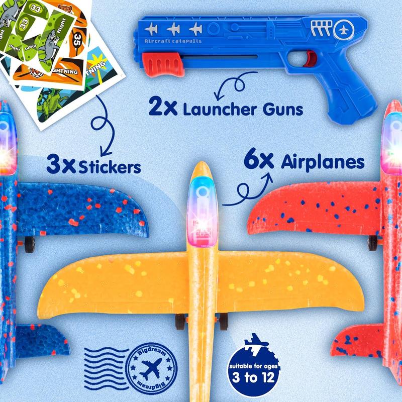 6 Pack LED Airplane Launcher Toys with 2 Launchers, 2 Flight Mode Glider Catapult Plane with Stickers, Flying Outdoor Toys for 3 4 5 6 7 8 9 10 11 12 Year Old Kids Boys Girls Birthday Gifts