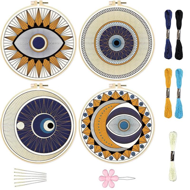 Evil Eye Pattern Embroidery Kit, 4 Counts DIY Cross Stitch Set with 2 Counts Embroidery Hoop & 1 Set DIY Craft Tool for Beginner