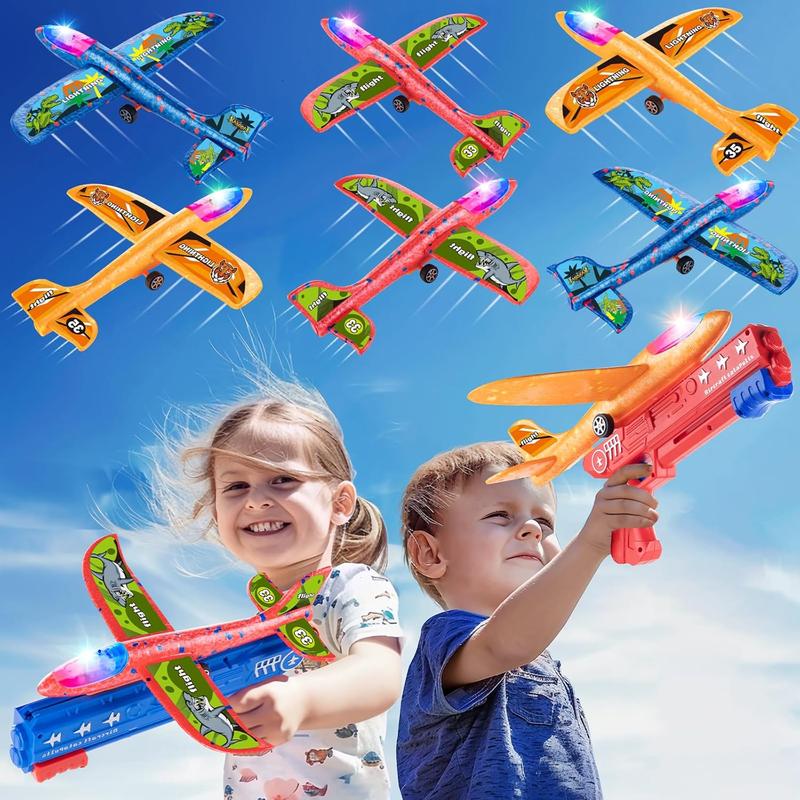 6 Pack LED Airplane Launcher Toys with 2 Launchers, 2 Flight Mode Glider Catapult Plane with Stickers, Flying Outdoor Toys for 3 4 5 6 7 8 9 10 11 12 Year Old Kids Boys Girls Birthday Gifts