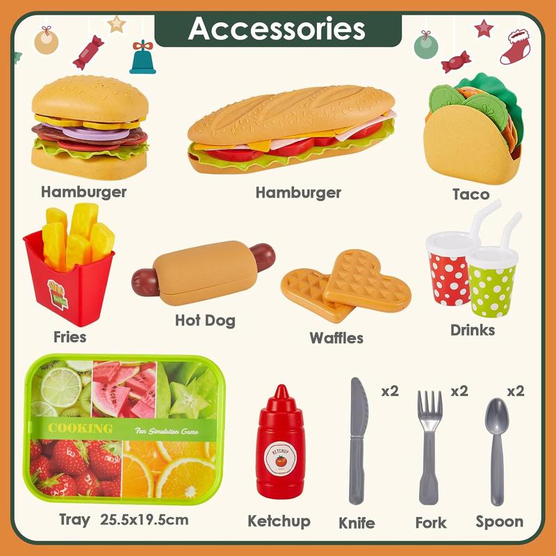 Chrismas Fast Food Play Food Toys for Kids Toddler Children Toy Kitchen Accessories Playset Plastic Toy Food Sets Pretend Play Gifts for 3 4 5+ Years Old