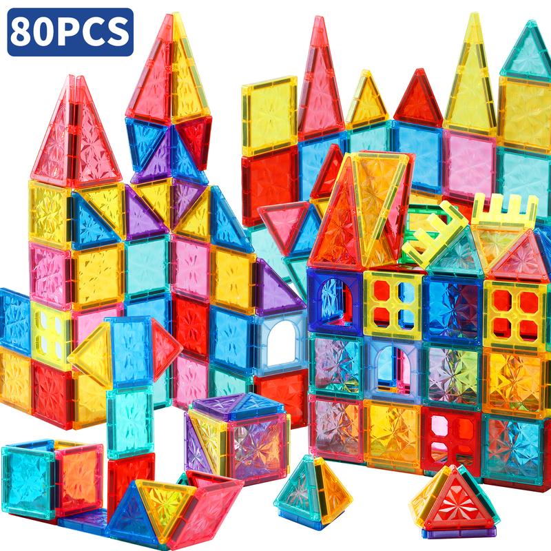 80pcs Magnetic Tiles Kids Toys - STEM Learning Building Blocks, Montessori Magnet Tile Construction Set, 4D Diamond Cut Design