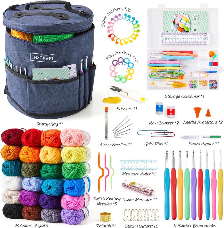 INSCRAFT Crochet Kit for Beginners Adults - Great Knitting Starter Kit for Colorful Craft for Professionals, Make Amigurumi Projects Includes 24 Colors Yarn, Hooks, Instructions, a Durable Bag