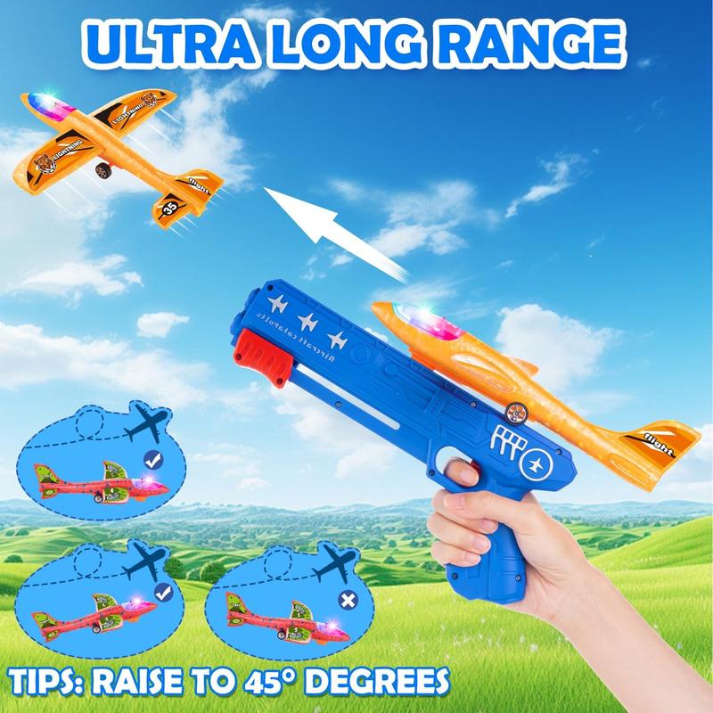 6 Pack LED Airplane Launcher Toys with 2 Launchers, 2 Flight Mode Glider Catapult Plane with Stickers, Flying Outdoor Toys for 3 4 5 6 7 8 9 10 11 12 Year Old Kids Boys Girls Birthday Gifts