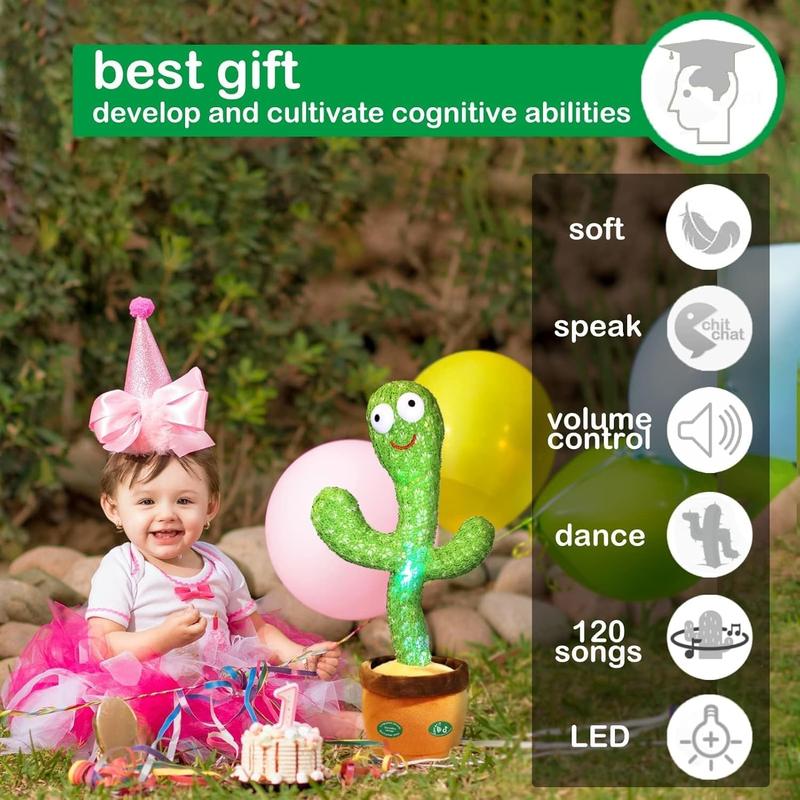 Dancing Talking Cactus Mimicking Toy,Talking Repeat Singing Sunny Cactus Toy 120 count Songs for Baby 15S Record Your Sound Sing+Dancing+Recording+LED