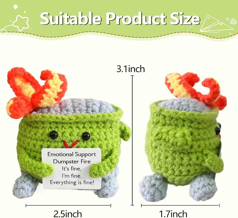 Emotional Support Crochet Dumpster Fire with Positive Card Cute Room Decor Knitted Toys Funny Crochet Support Buddies Gifts for Friends (Light Green)