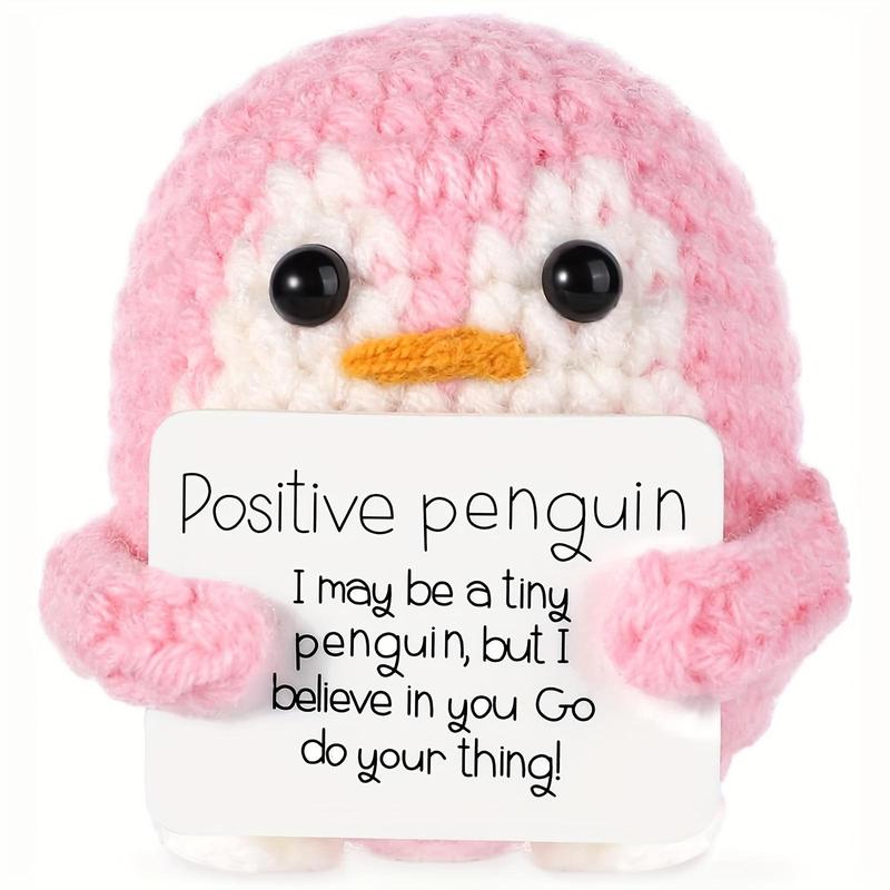 Cartoon Penguin Ornament, 1 Count Cute Positive Penguin Crochet Plushie Decor with Positive Card Design, Home Decor, Gift for Friends