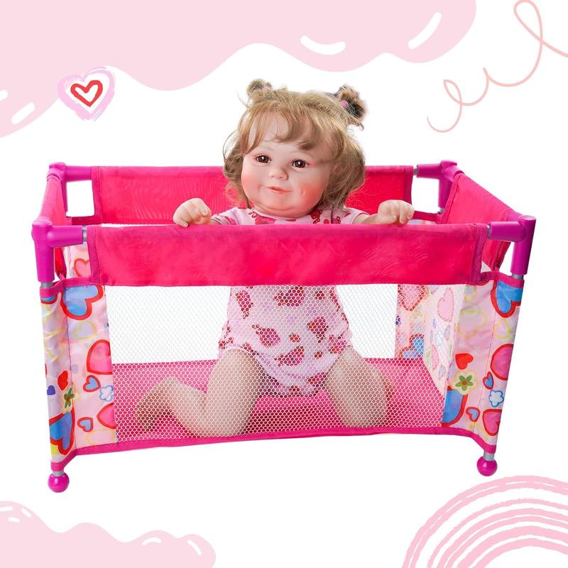 JIZHI Reborn Baby Doll Crib, Baby Doll Bed, Foldable Doll Playpen Toy for 17-21 Inch Dolls, Reborn Baby Doll Accessories with Storage Bag, Doll Pack n Play Kids Gift(Pink)