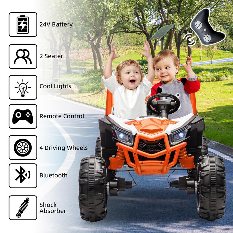 24V Ride On XXL UTV car for kid,2seater with two safety belts, Side by Side 4x4 Ride on Off-Road Truck with Parent Remote Control, Battery Powered Electric Car w High Low Speed, two safety belts.