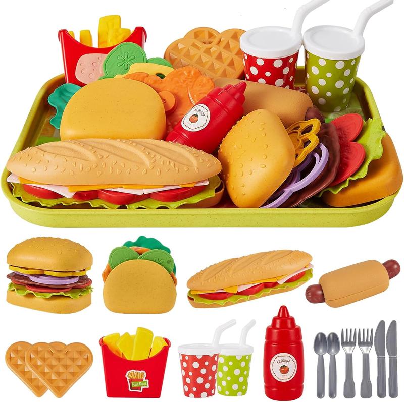 Chrismas Fast Food Play Food Toys for Kids Toddler Children Toy Kitchen Accessories Playset Plastic Toy Food Sets Pretend Play Gifts for 3 4 5+ Years Old