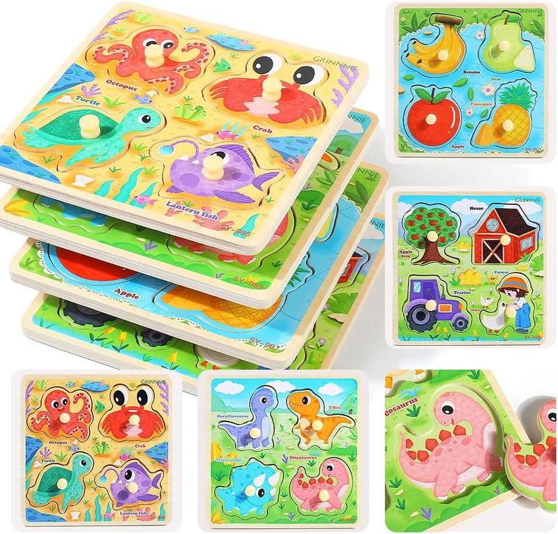 INNNIE Wooden Toddler Puzzles, 1 2 3 Years Old Learning Montessori Peg Puzzle Toy Set for Toddlers, 4 count Educational Portable Size Travel Knob Puzzle Toys, Gift for 1-3 Boy Girl Birthday Christmas