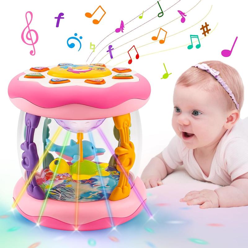 Kids Musical Light Up Toys Ocean Projector Rotating Tummy Time Learning Crawling Pink Toys Children Boys Girls 1 2 3 Year Old Birthday Christmas Gifts