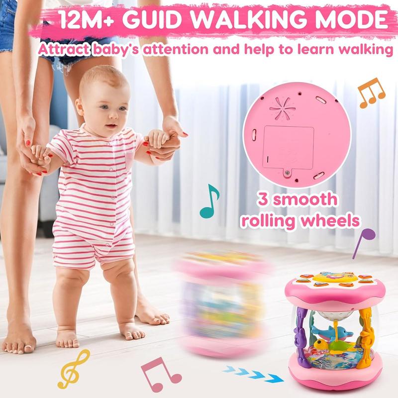 Kids Musical Light Up Toys Ocean Projector Rotating Tummy Time Learning Crawling Pink Toys Children Boys Girls 1 2 3 Year Old Birthday Christmas Gifts