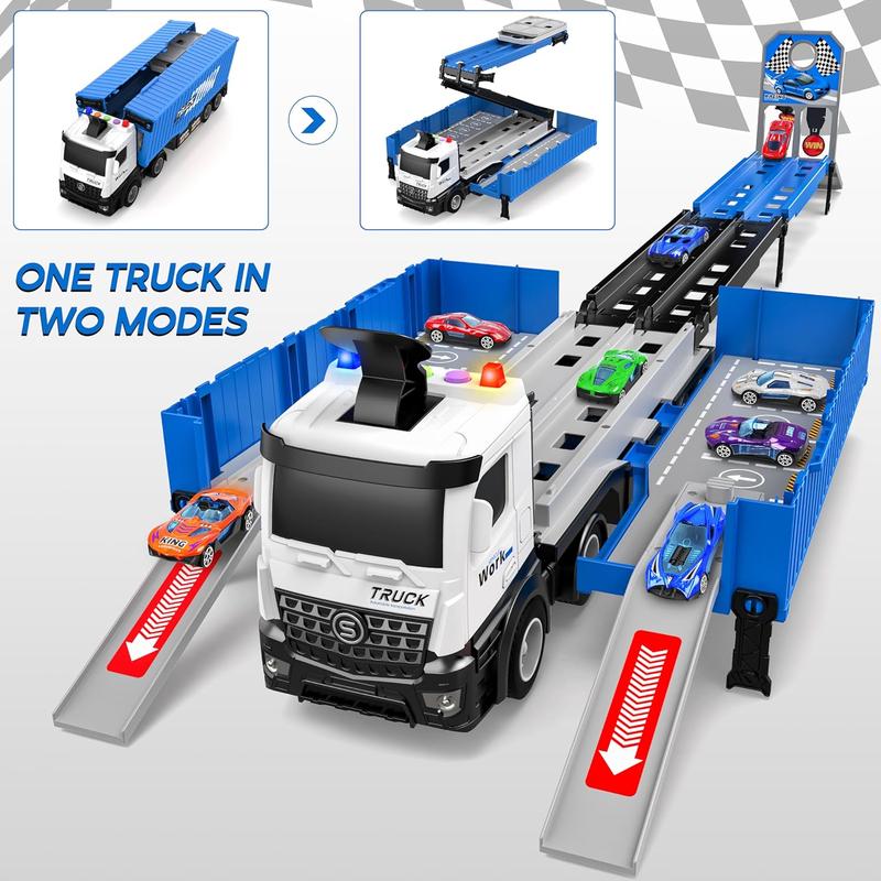 Toddlers Toys, Foldable 3 Layer Car Race Track Playset, Toy Truck Transport Car Carrier & 8 Race Cars, Truck Car Kids Toys Xmas Gifts for Age 3 4 5 6+ Years Old Boys Girls